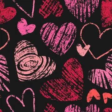 Crayon hearts seamless pattern. Valentines day hearts on black background Illustrazione stock