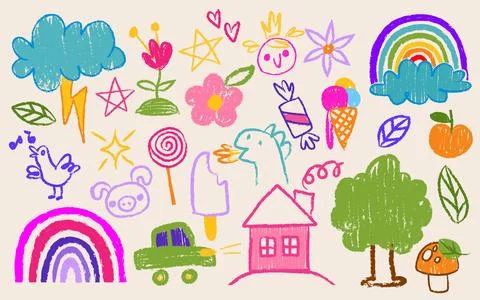 Crayon kid drawings set Illustrazione stock