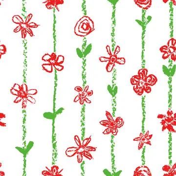 Crayon like kid`s drawn seamless pattern with red flowers and stroke stripes. Illustrazione stock
