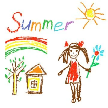 Crayon like kid`s drawn summer background with house, tree, girl, flower Stock Illustration