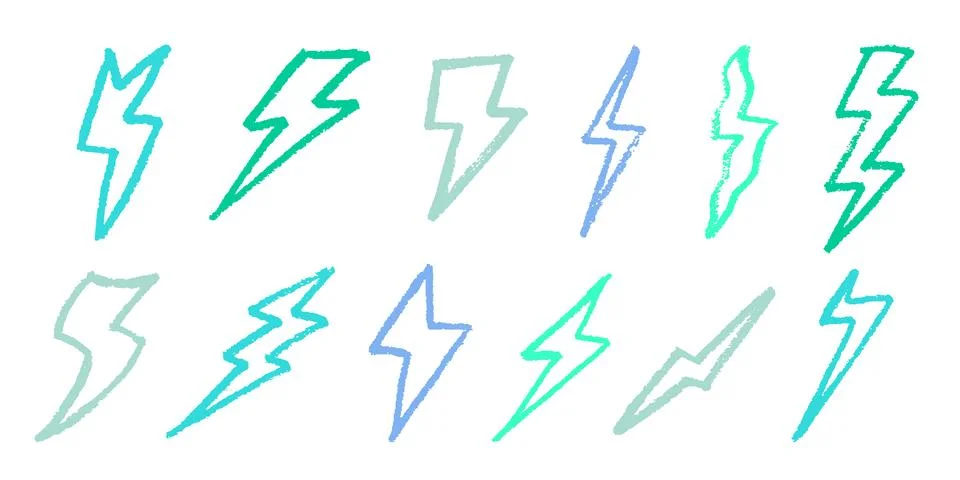 Crayon Lightning Bolt Vector Set. Chalk Scribble Blizzard Shapes Collection Stock Illustration