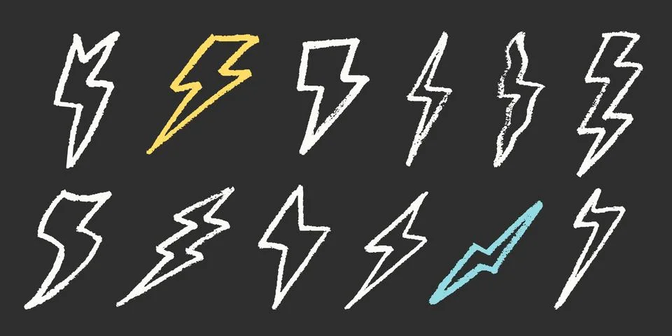 Crayon Lightning Bolt Vector Set. Chalk Scribble Blizzard Shapes Collection Stock Illustration