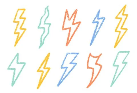 Crayon Lightning Bolt Vector Set. Chalk Scribble Blizzard Shapes Collection Stock Illustration