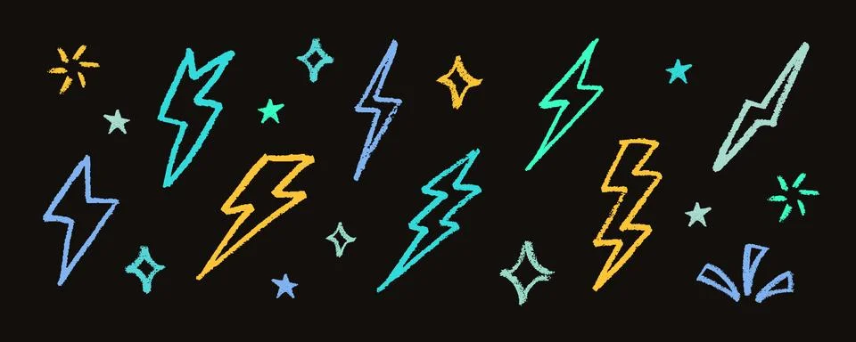 Crayon Lightning Bolt Vector Set. Chalk Scribble Blizzard Shapes Collection Stock Illustration