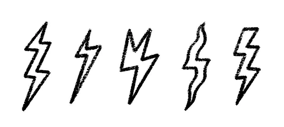 Crayon Lightning Bolt Vector Set. Chalk Scribble Blizzard Shapes Collection Stock Illustration