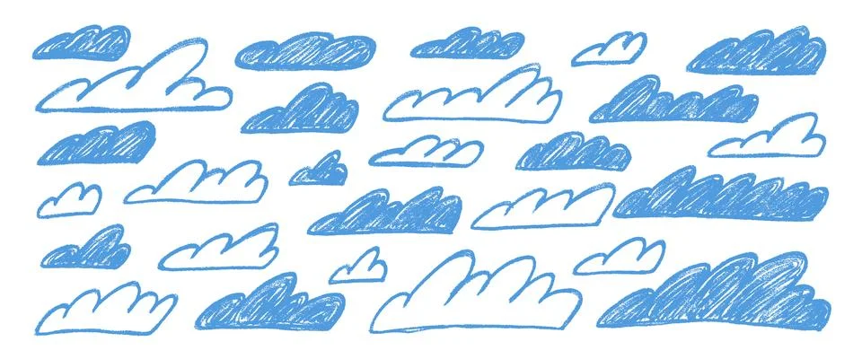 Crayon line clouds set. Naive hand drawn sky. Kids chalk textured elements. 스톡 일러스트