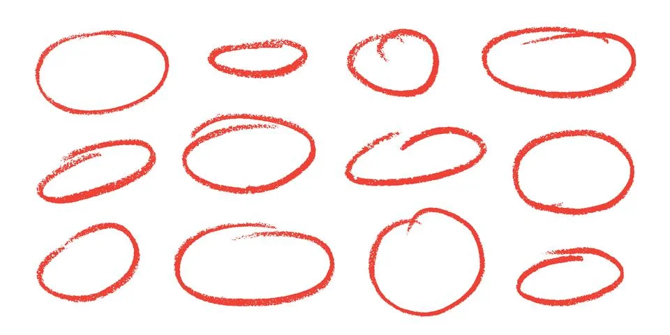 Crayon Line Oval Shapes Vector Set. Brush Scribble Round Highlight Collection Illustrazione stock