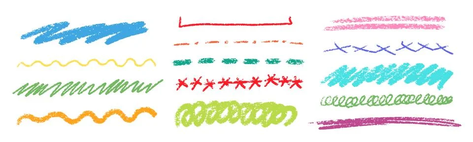 Crayon Line Stroke Vector Set. Chalk Scribble Underline Shapes Collection. Color Illustrazione stock