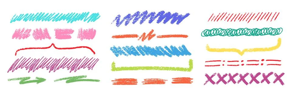 Crayon Line Stroke Vector Set. Chalk Scribble Underline Shapes Collection. Color Stock Illustration