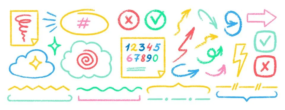 Crayon Line Stroke Vector Set. Chalk Scribble Underline Shapes Collection Stock Illustration