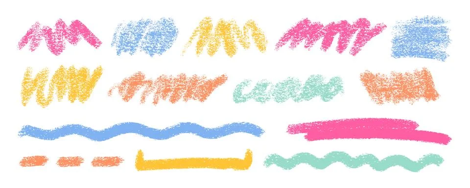 Crayon Line Stroke Vector Set. Chalk Scribble Underline Shapes Collection. Color Stock Illustration