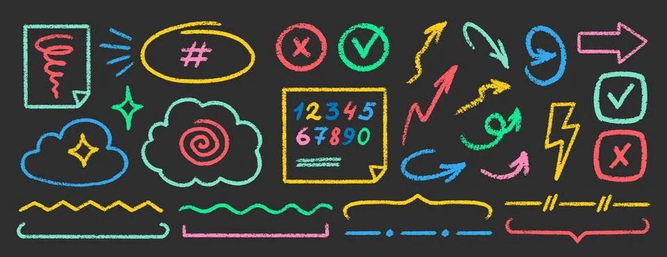 Crayon Line Stroke Vector Set. Chalk Scribble Underline Shapes Collection Stock Illustration