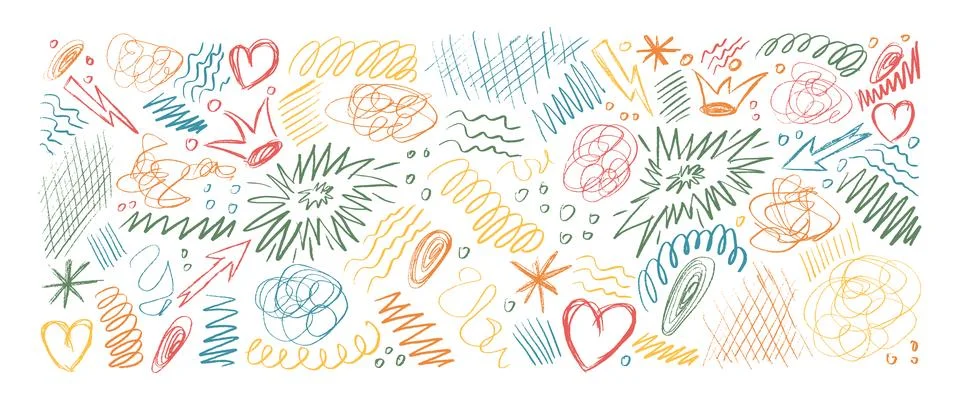Crayon messy school scribbles. Hand-drawn colorful pencil scratches, squiggles, 스톡 일러스트