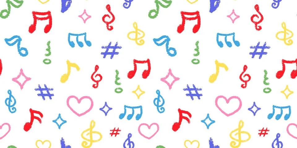 Crayon Musical Notes Vector Seamless Pattern. Chalk Scribble Music Symbol Shapes Illustrazione stock