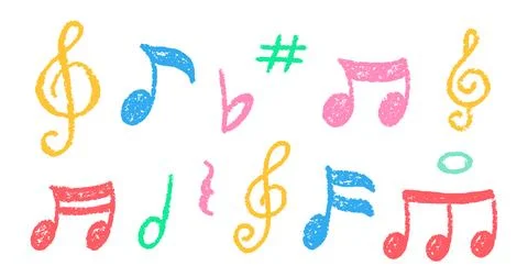 Crayon Musical Notes Vector Set. Chalk Scribble Music Symbol Shapes Collection Stock Illustration