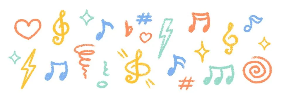 Crayon Musical Notes Vector Set. Chalk Scribble Music Symbol Shapes Collection Stock Illustration