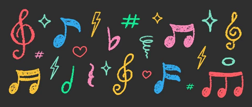 Crayon Musical Notes Vector Set. Chalk Scribble Music Symbol Shapes Collection Stock Illustration