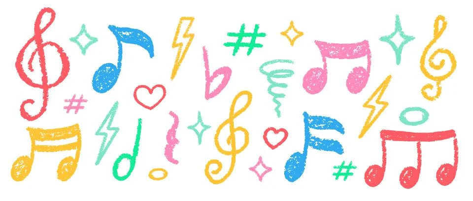 Crayon Musical Notes Vector Set. Chalk Scribble Music Symbol Shapes Collection Stock Illustration