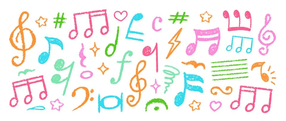 Crayon Musical Notes Vector Set. Chalk Scribble Music Symbol Shapes Collection Stock Illustration