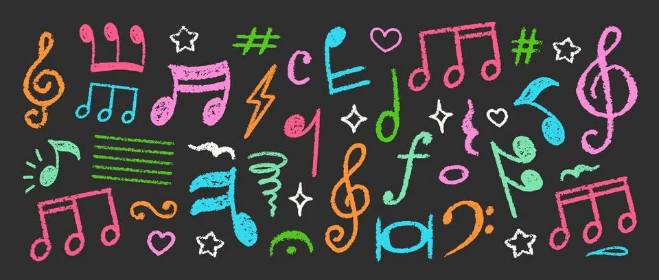 Crayon Musical Notes Vector Set. Chalk Scribble Music Symbol Shapes Collection Stock Illustration