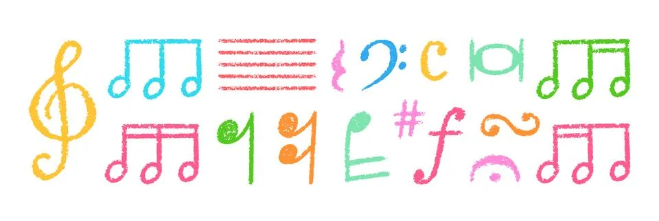 Crayon Musical Notes Vector Set. Chalk Scribble Music Symbol Shapes Collection Illustrazione stock