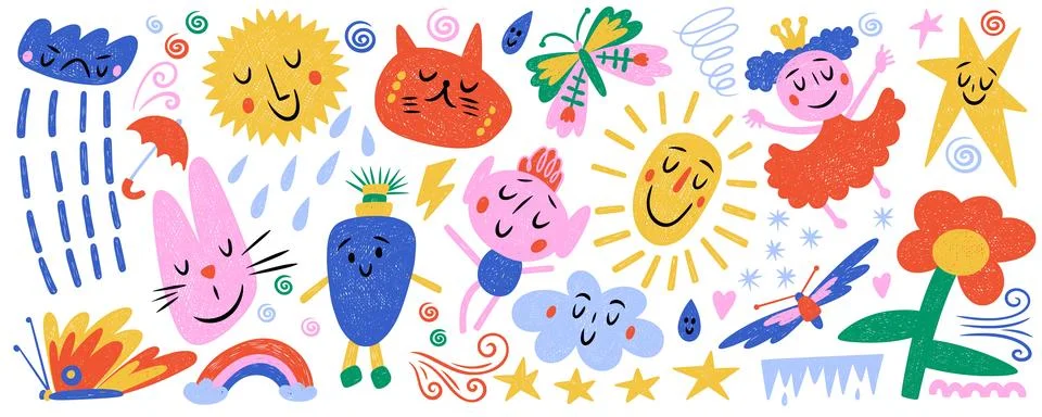 Crayon naive vector doodle characters and elements 스톡 일러스트