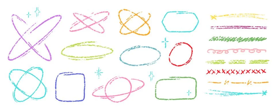Crayon Orbits Line Stroke Vector Set. Chalk Scribble Underline Shapes Collection Stockillustratie