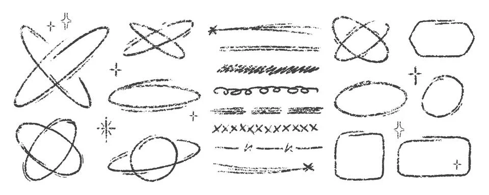 Crayon Orbits Line Stroke Vector Set. Chalk Scribble Underline Shapes Collection 스톡 일러스트