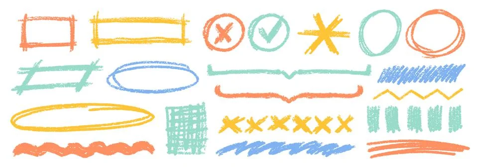 Crayon Pencil Color Squiggles Vector Set. Chalk Scribble Underline Shapes Illustrazione stock