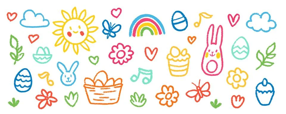 Crayon Pencil Colorful Easter Squiggles Vector Set. Chalk Scribble Spring Shapes Illustrazione stock