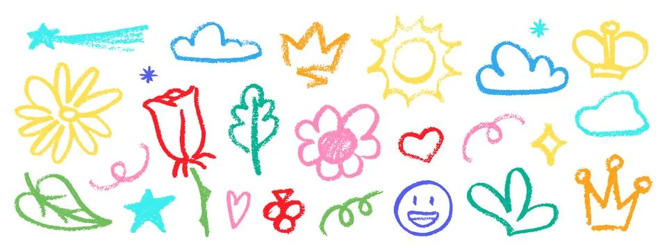 Crayon Pencil Colorful Squiggles Vector Set. Chalk Scribble Graffiti Shapes Ilustração Stock