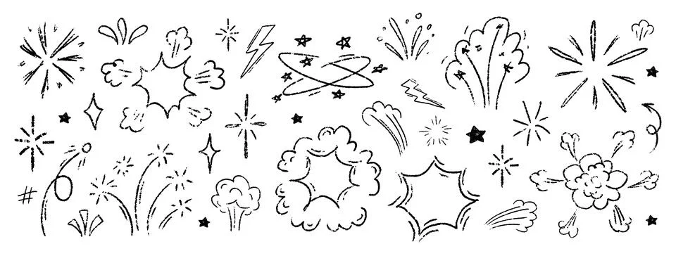 Crayon Pencil Comic Boom Explosion Vector Set. Chalk Scribble Graffiti Sturburst Stock Illustration