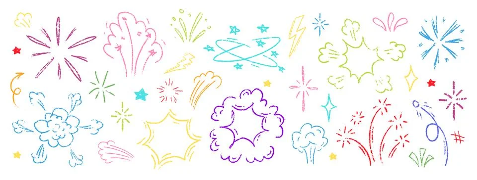 Crayon Pencil Comic Boom Explosion Vector Set. Chalk Scribble Graffiti Sturburst Stock Illustration
