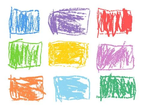 Crayon rectangular colorful vector shapes set. Like kid`s drawn art Stock Illustration