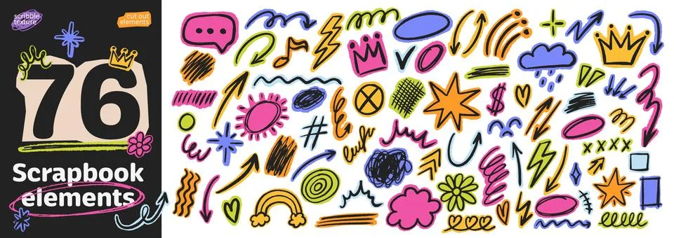 Crayon scrapbook doodle set with scribble stars, hearts and arrows. Naive h.. Stock Illustration