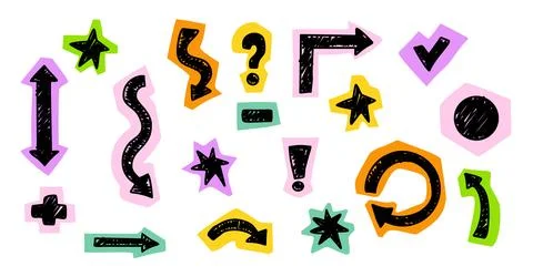 Crayon Scrapbook Doodle Sticker Set with Colorful Scribble Arrow, Question .. Ilustración de archivo
