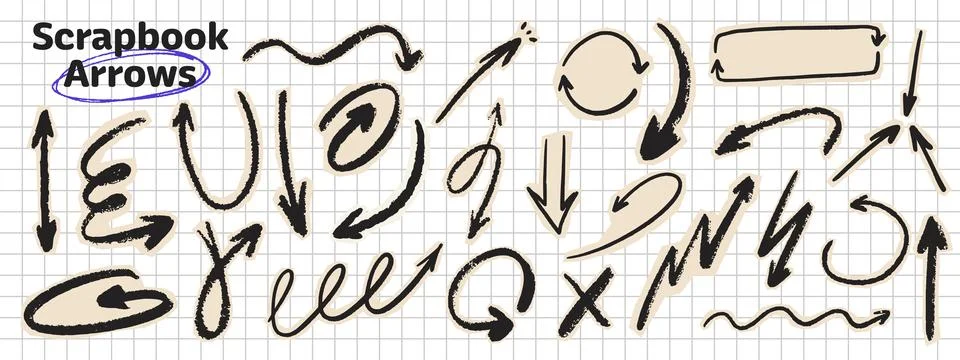 Crayon scribble arrow collection in scrapbook doodle style. Hand drawn poin.. Stock Illustration