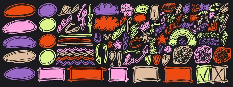 Crayon scribble doodle scrapbook collection. Stars, hearts, arrows and circ.. Ilustração Stock