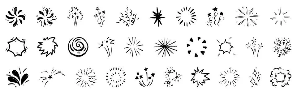 Crayon scribble firework explosion doodles set Illustrazione stock