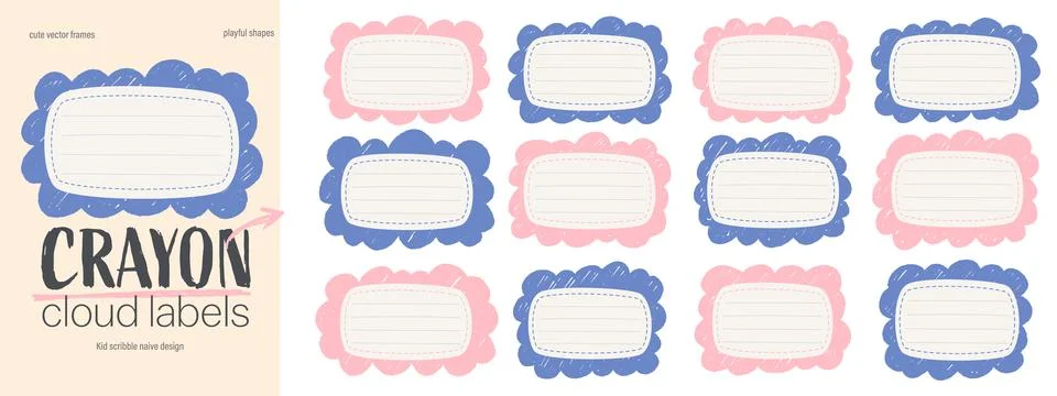 Crayon scribble fluffy cloud label shapes set. Hand drawn wavy edges with r.. Stock-Illustration