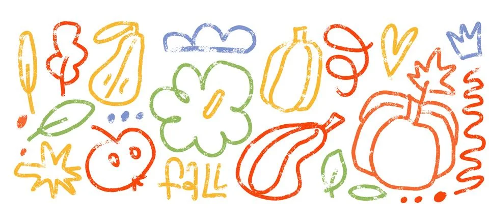 Crayon scribble texture autumn elements set with mushroom, stars, apples Stock Illustration