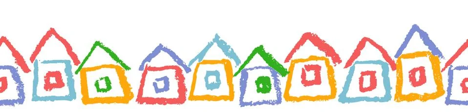 Crayon seamless border or frame with hand drawing houses Stock Illustration