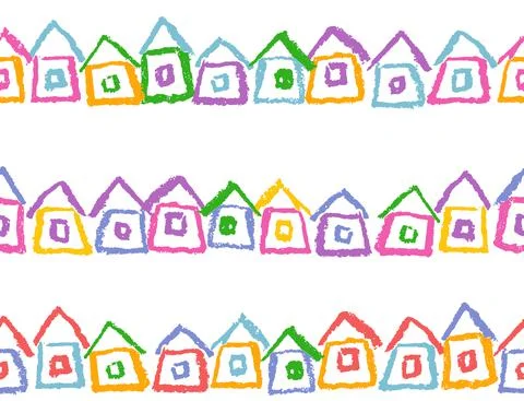 Crayon seamless border or frame with hand drawing houses Stock Illustration