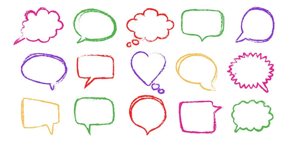 Crayon speech bubble outline set with colorful chat balloons and thought cl.. Ilustração Stock