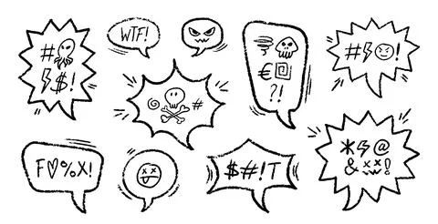 Crayon Speech Bubbles with Abstract Swear Words Vector Set. Chalk Scribble Illustrazione stock