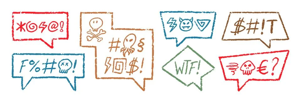 Crayon Speech Bubbles with Abstract Swear Words Vector Set. Chalk Scribble イラスト素材