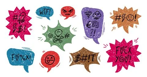 Crayon Speech Bubbles with Abstract Swear Words Vector Set. Chalk Scribble Illustrazione stock