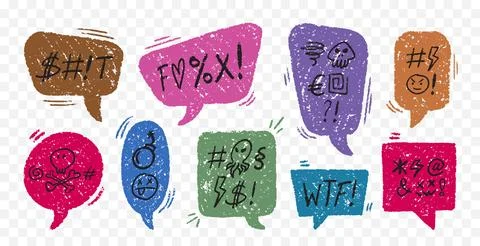 Crayon Speech Bubbles with Abstract Swear Words Vector Set. Chalk Scribble Illustrazione stock