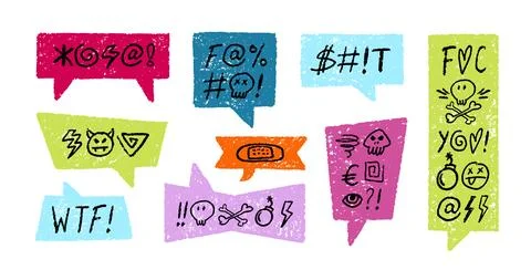 Crayon Speech Bubbles with Abstract Swear Words Vector Set. Chalk Scribble Stock Illustration