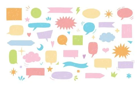 Crayon speech bubbles and design elements collection pastel color, cartoon text 스톡 일러스트